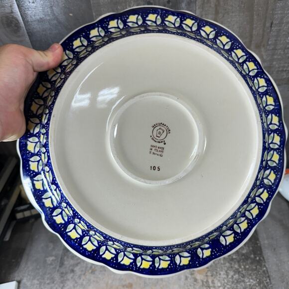 Polish Pottery Large Platter BOLESLAWCU Boleslawiec Poland 13in Ruffled Blue - Picture 7 of 9